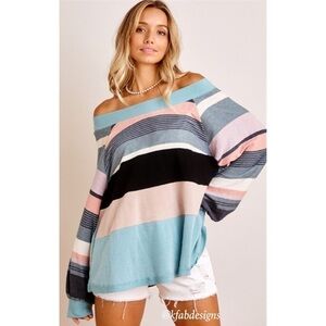 Wide Neck Off Shoulder Soft Striped Top w/cuffed wrists